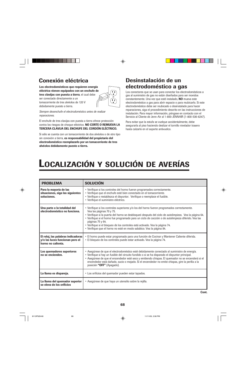Ocalización, Solución, Averías | Desinstalación de un electrodoméstico a gas, Conexión eléctrica | Jenn-Air GAS DOWNDRAFT SLIDE-IN RANGE User Manual | Page 69 / 88