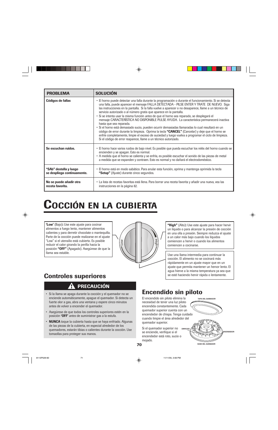 Occión, Cubierta, Controles superiores encendido sin piloto | Jenn-Air GAS DOWNDRAFT SLIDE-IN RANGE User Manual | Page 71 / 88
