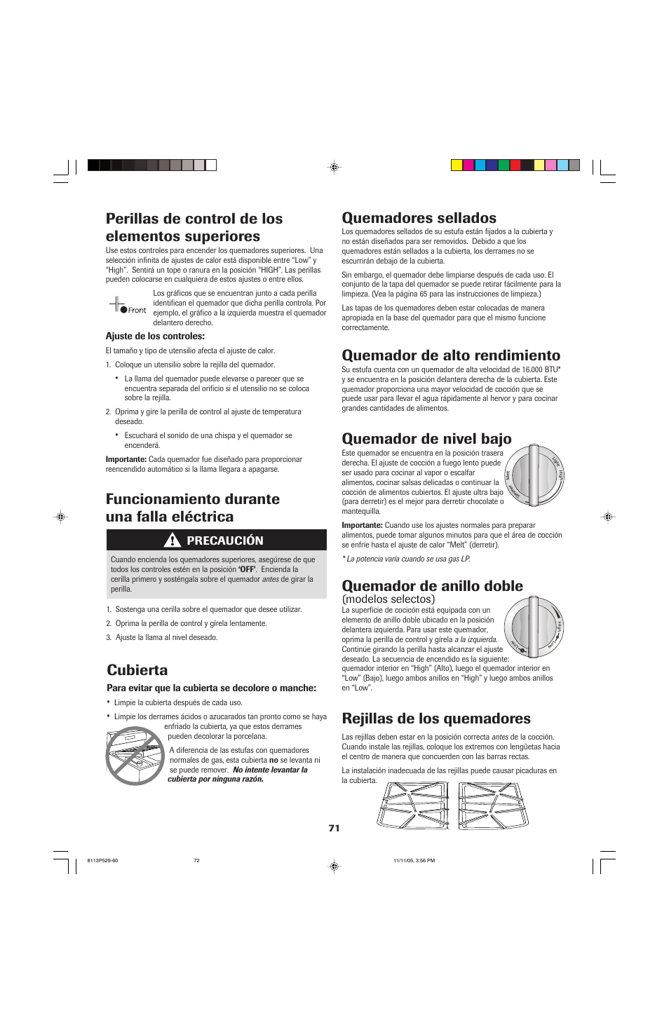 Perillas de control de los elementos superiores, Funcionamiento durante una falla eléctrica, Cubierta | Quemadores sellados, Quemador de alto rendimiento, Quemador de nivel bajo, Quemador de anillo doble, Rejillas de los quemadores | Jenn-Air GAS DOWNDRAFT SLIDE-IN RANGE User Manual | Page 72 / 88