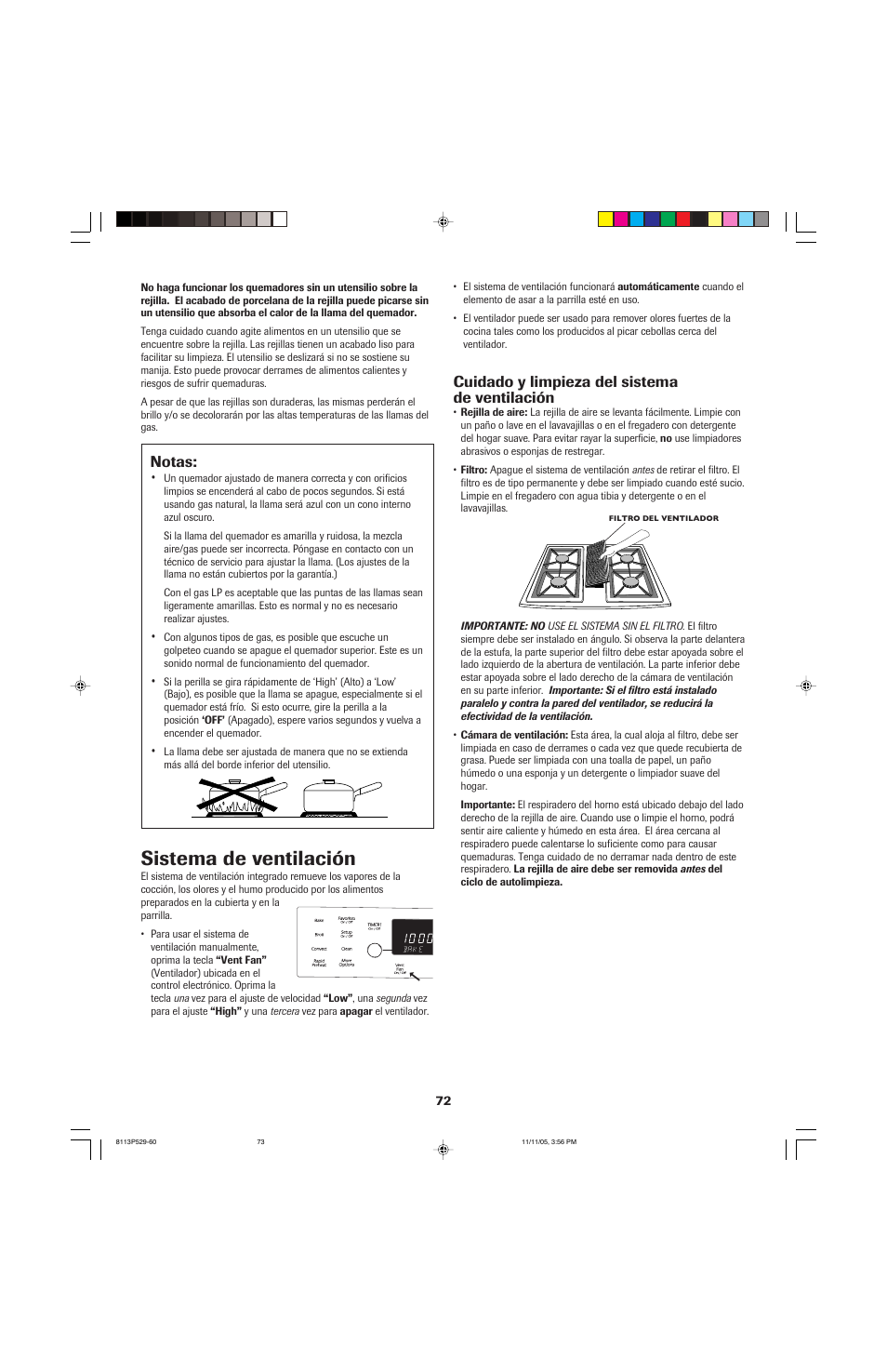 Sistema de ventilación, Notas, Cuidado y limpieza del sistema de ventilación | Jenn-Air GAS DOWNDRAFT SLIDE-IN RANGE User Manual | Page 73 / 88
