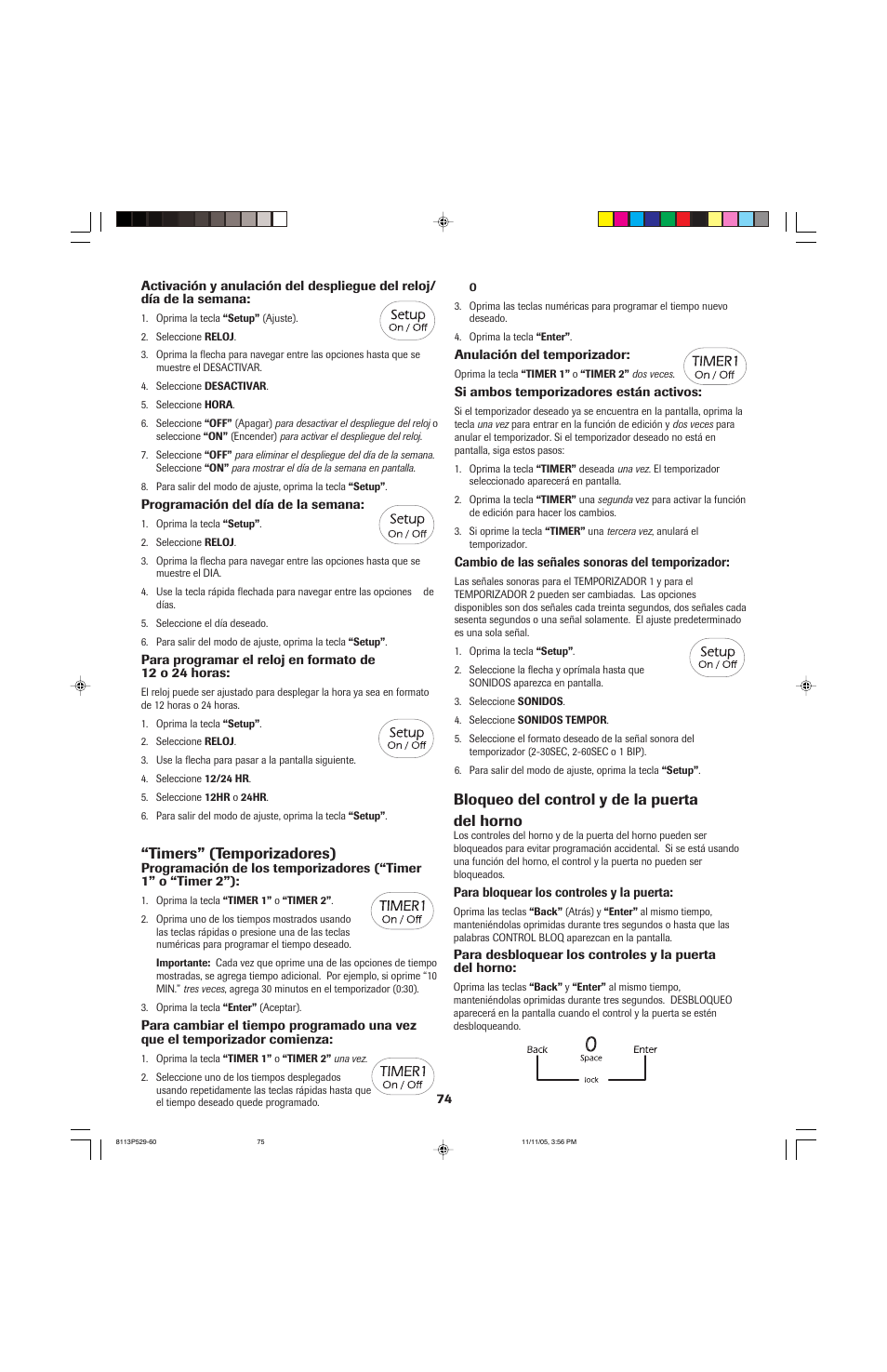 Timers” (temporizadores), Bloqueo del control y de la puerta del horno | Jenn-Air GAS DOWNDRAFT SLIDE-IN RANGE User Manual | Page 75 / 88