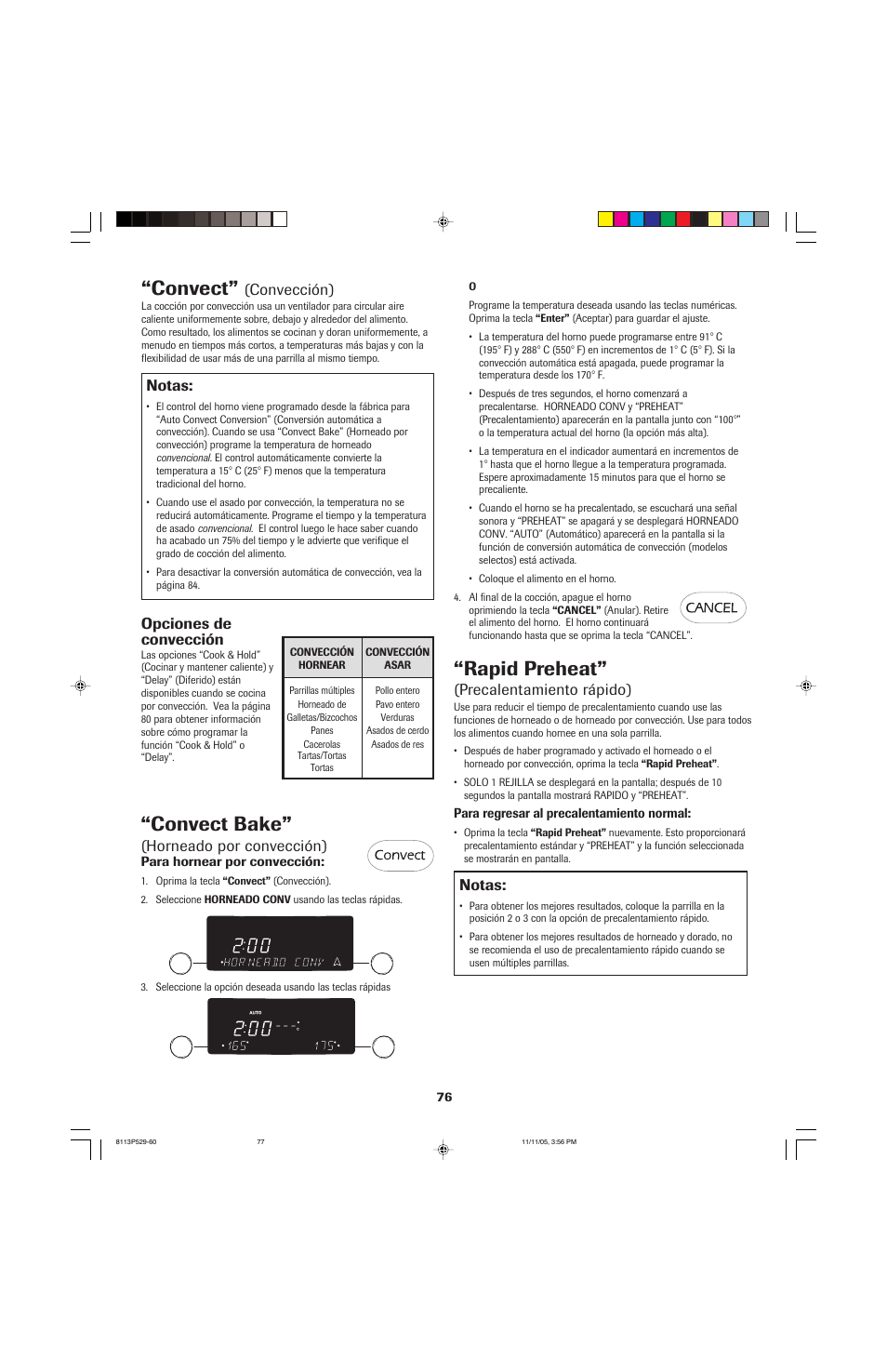 Convect bake, Convect, Rapid preheat | Horneado por convección), Convección), Opciones de convección, Notas, Precalentamiento rápido) | Jenn-Air GAS DOWNDRAFT SLIDE-IN RANGE User Manual | Page 77 / 88
