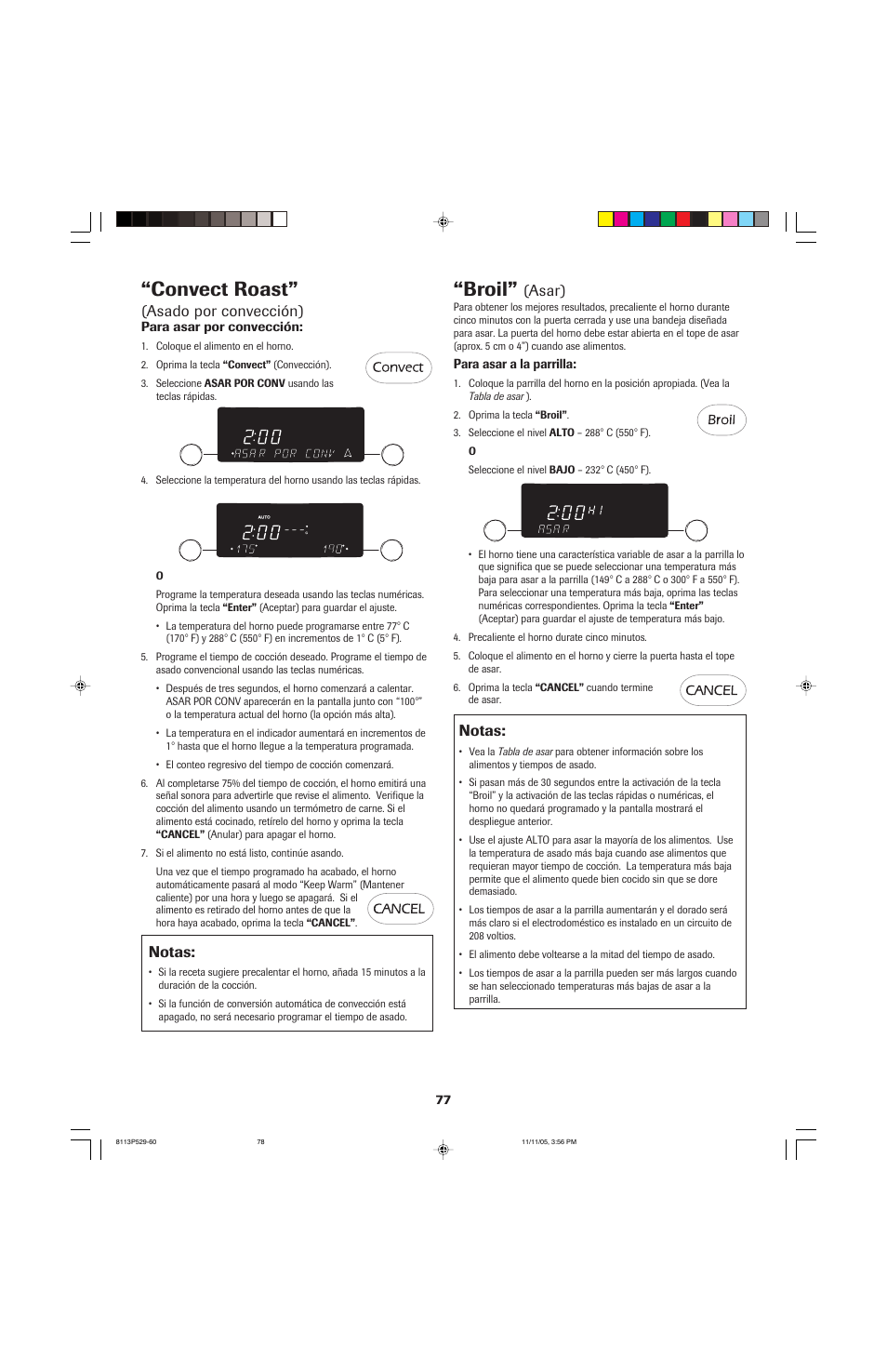 Convect roast, Broil, Asado por convección) | Notas, Asar) | Jenn-Air GAS DOWNDRAFT SLIDE-IN RANGE User Manual | Page 78 / 88