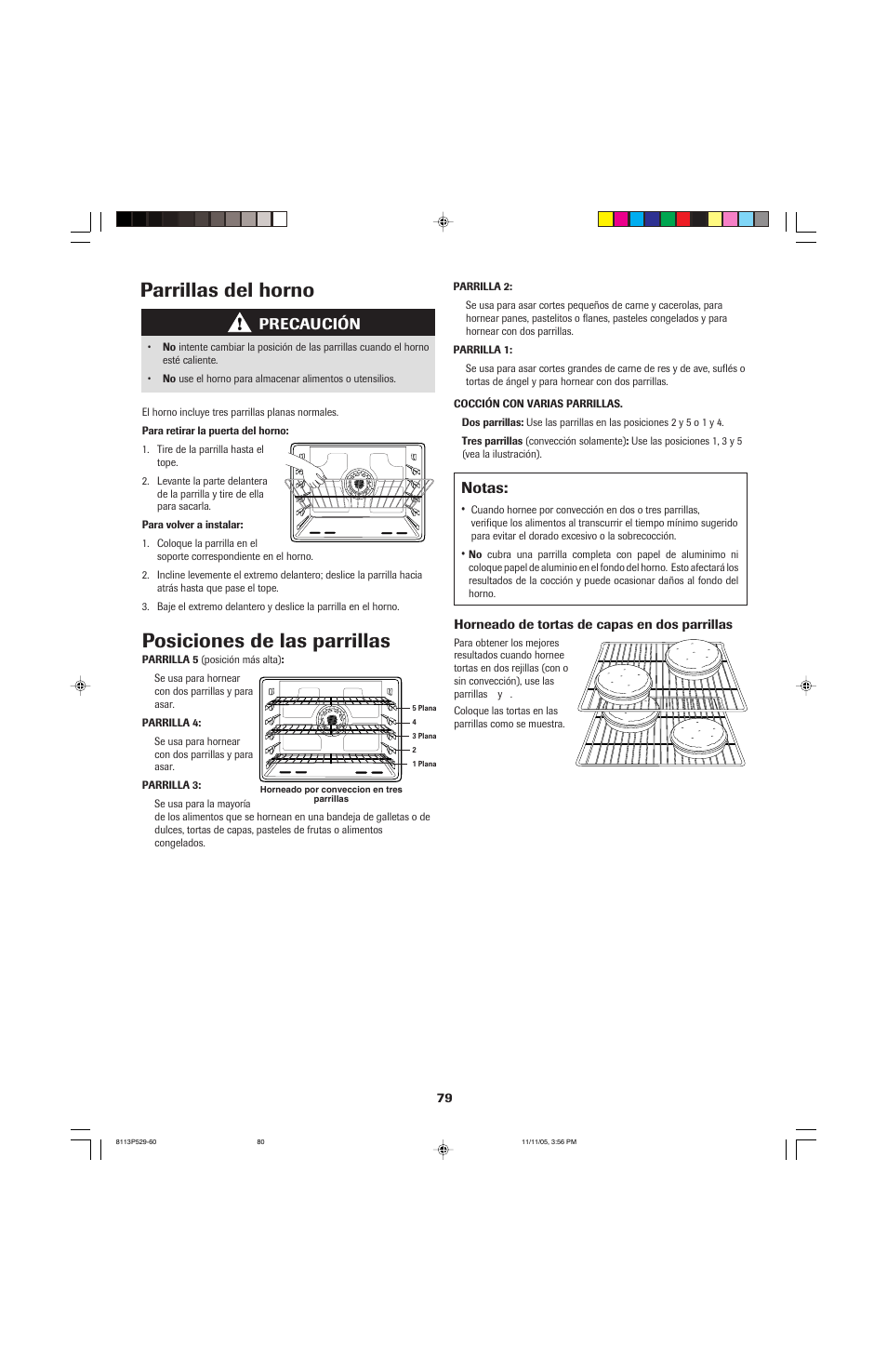 Parrillas del horno, Posiciones de las parrillas, Notas | Precaución | Jenn-Air GAS DOWNDRAFT SLIDE-IN RANGE User Manual | Page 80 / 88