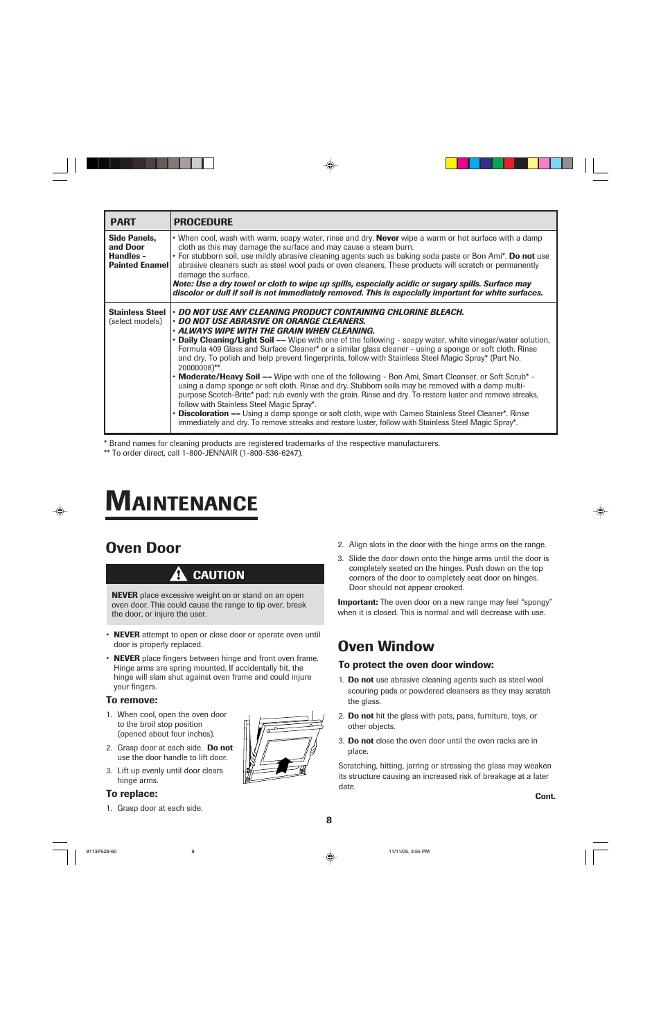 Aintenance, Oven door, Oven window | Jenn-Air GAS DOWNDRAFT SLIDE-IN RANGE User Manual | Page 9 / 88