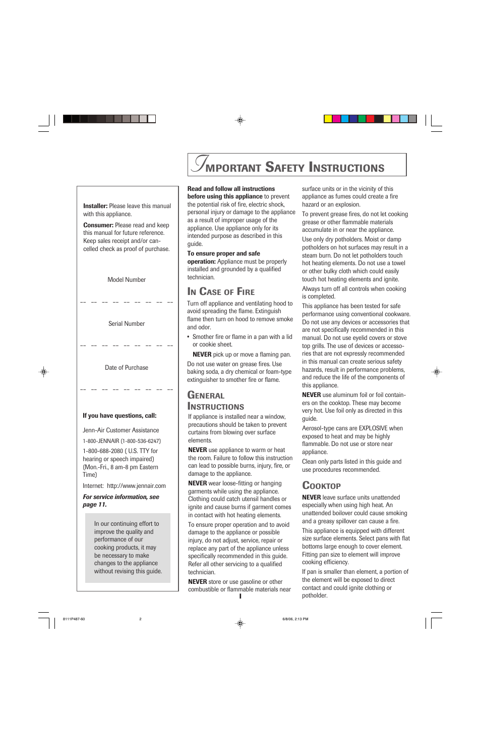 Mportant, Afety, Nstructions | Jenn-Air JED8130 User Manual | Page 2 / 40