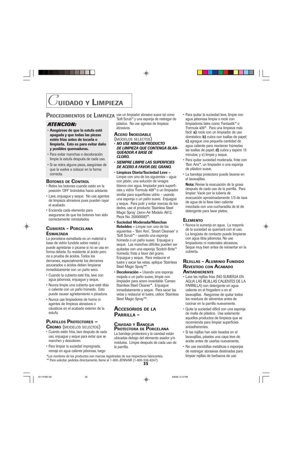 Uidado, Impieza | Jenn-Air JED8130 User Manual | Page 36 / 40