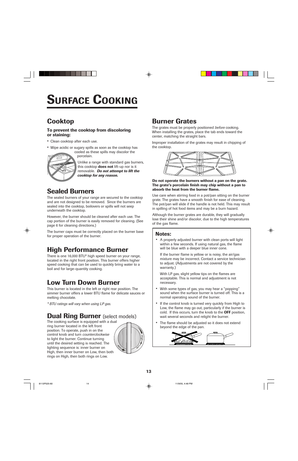 Urface, Ooking, Cooktop | Burner grates, Sealed burners, High performance burner, Low turn down burner, Dual ring burner | Jenn-Air 8113P525-60 User Manual | Page 14 / 96