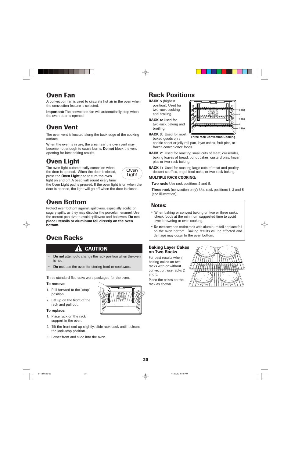 Rack positions, Oven racks, Oven light | Oven bottom, Oven fan, Oven vent, Caution | Jenn-Air 8113P525-60 User Manual | Page 21 / 96