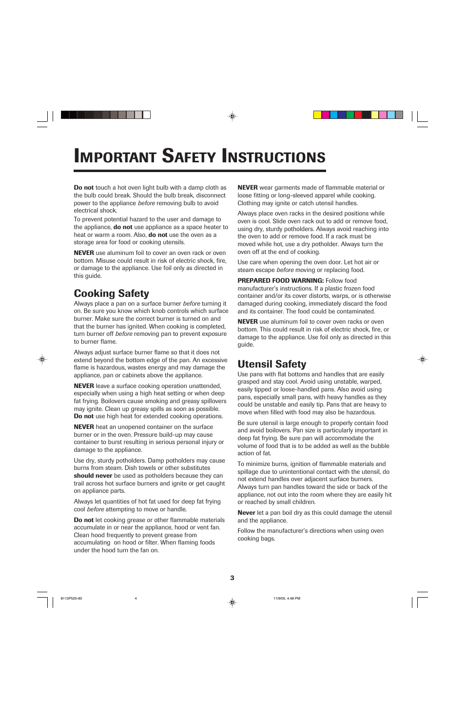 Mportant, Afety, Nstructions | Cooking safety, Utensil safety | Jenn-Air 8113P525-60 User Manual | Page 4 / 96