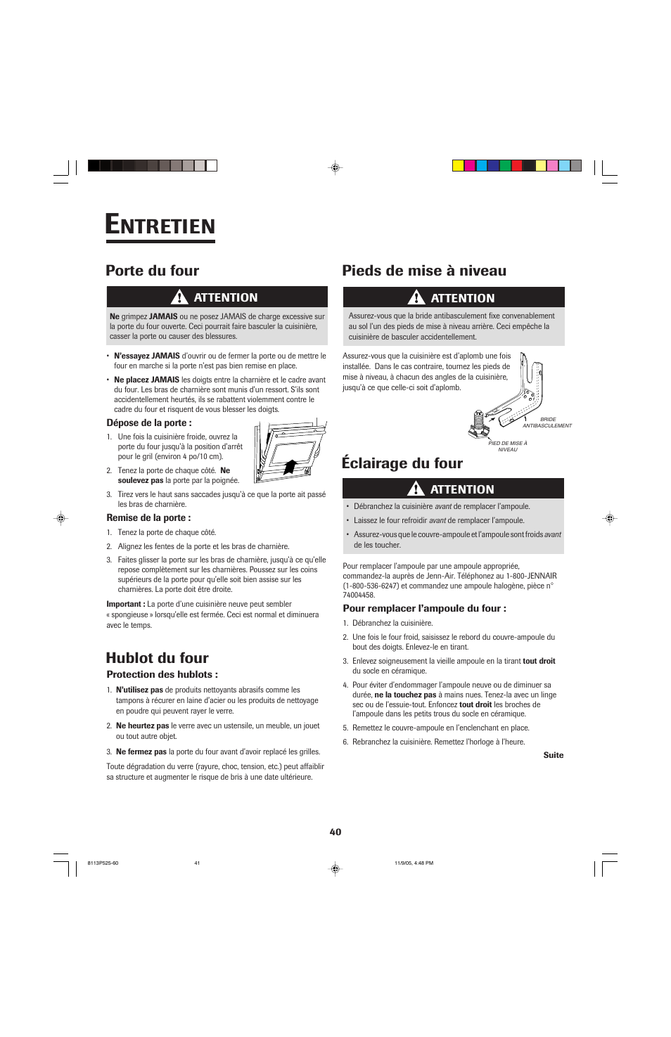 Ntretien, Porte du four, Hublot du four pieds de mise à niveau | Éclairage du four | Jenn-Air 8113P525-60 User Manual | Page 41 / 96
