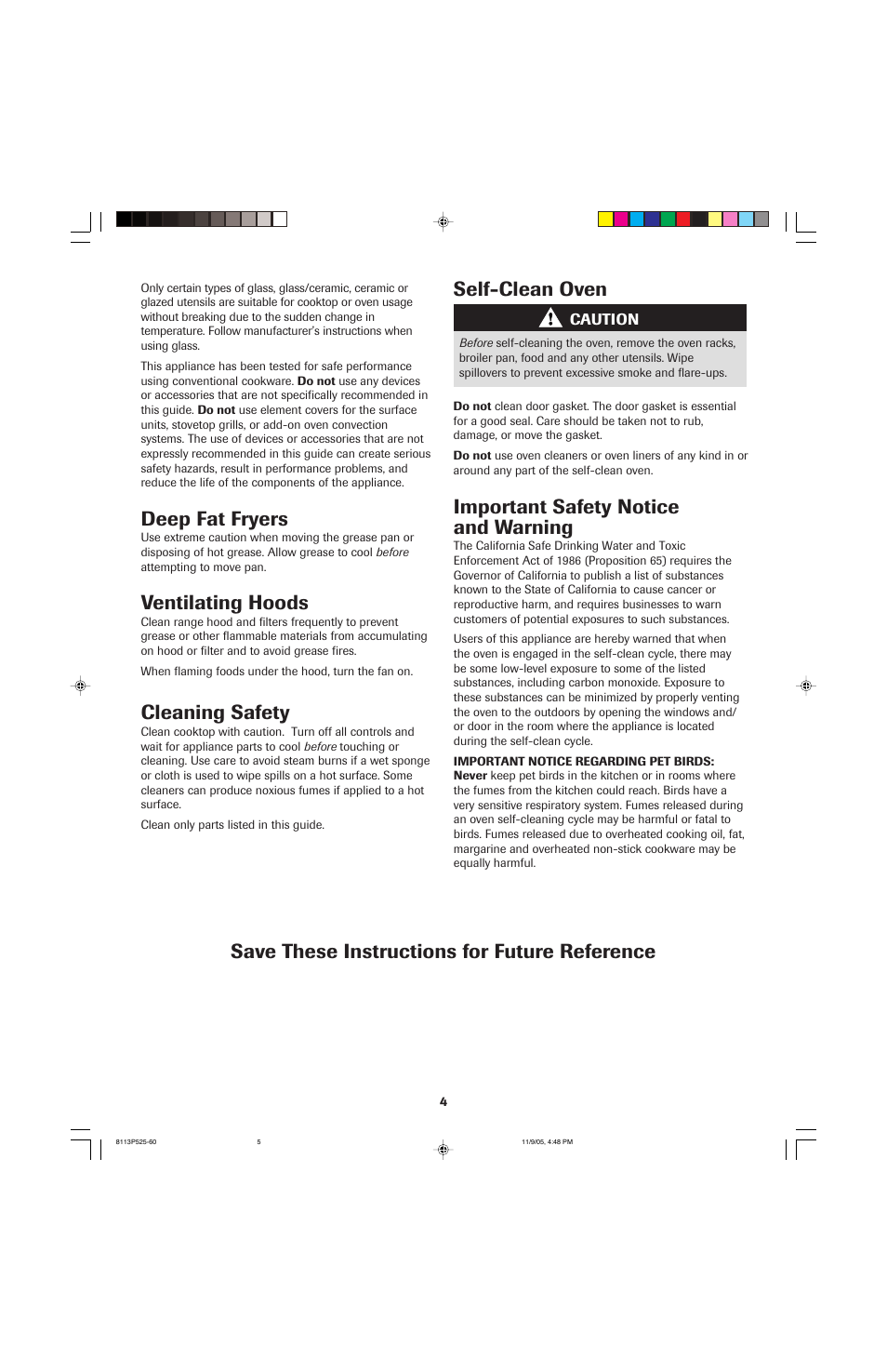 Important safety notice and warning, Deep fat fryers, Ventilating hoods | Cleaning safety, Save these instructions for future reference, Self-clean oven | Jenn-Air 8113P525-60 User Manual | Page 5 / 96