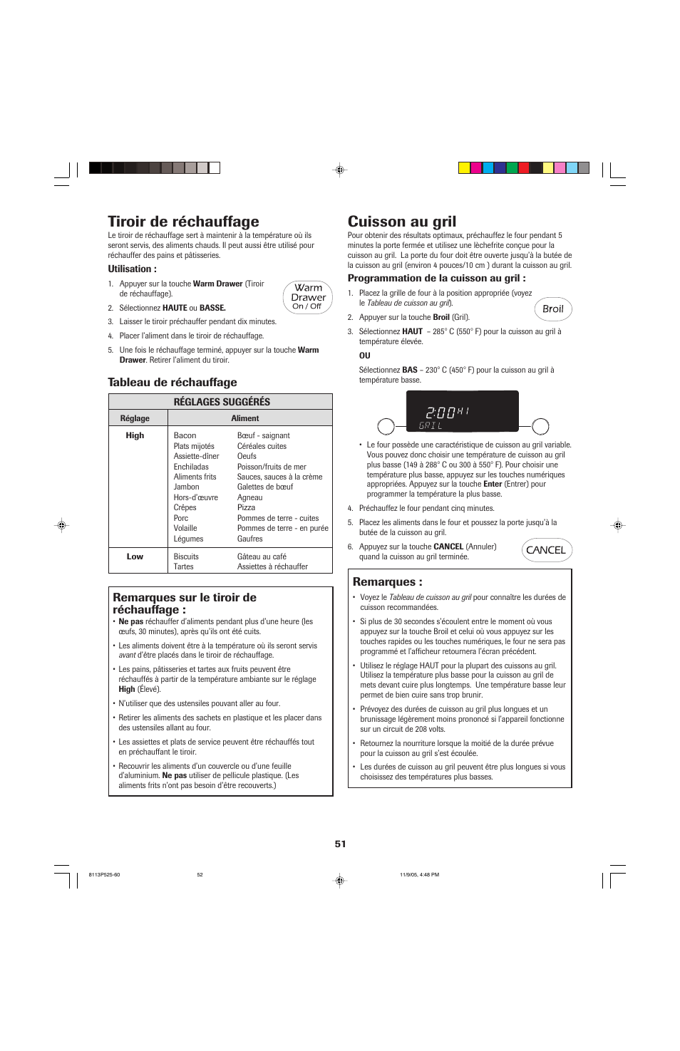 Tiroir de réchauffage, Cuisson au gril, Remarques sur le tiroir de réchauffage | Tableau de réchauffage, Remarques | Jenn-Air 8113P525-60 User Manual | Page 52 / 96