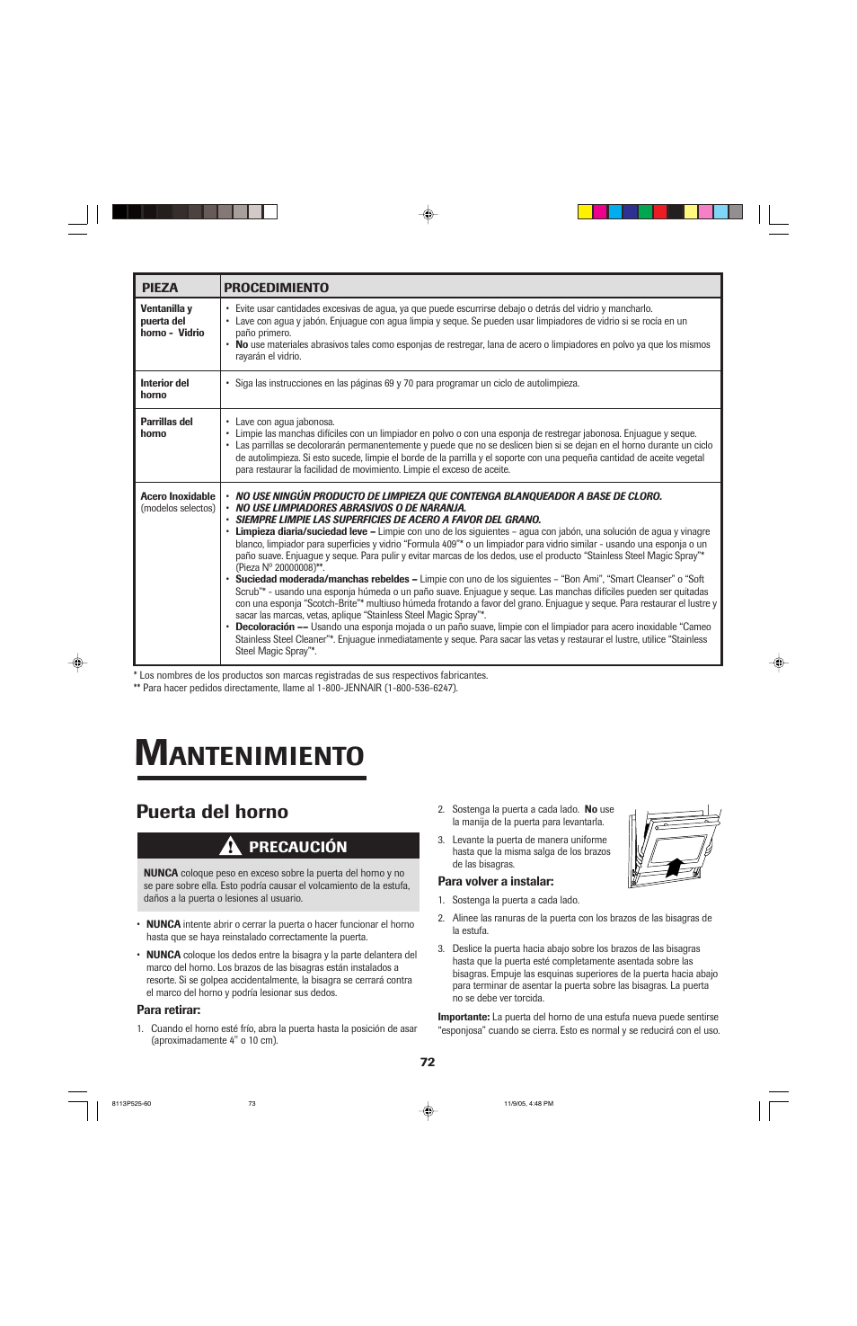Antenimiento, Puerta del horno | Jenn-Air 8113P525-60 User Manual | Page 73 / 96