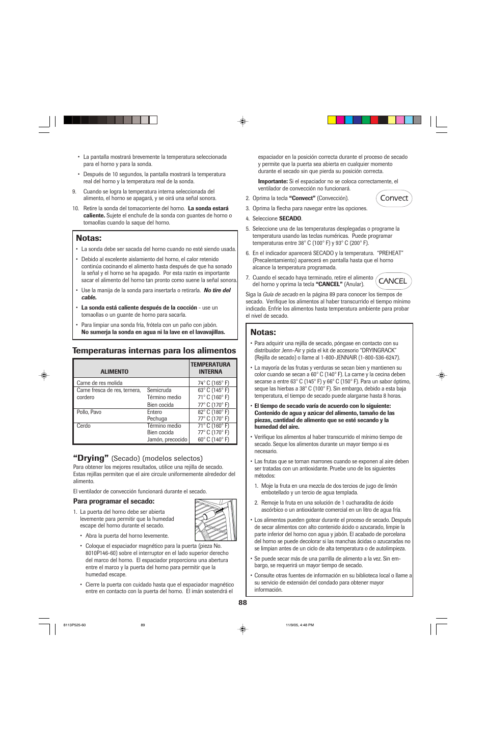 Notas, Temperaturas internas para los alimentos, Drying | Jenn-Air 8113P525-60 User Manual | Page 89 / 96
