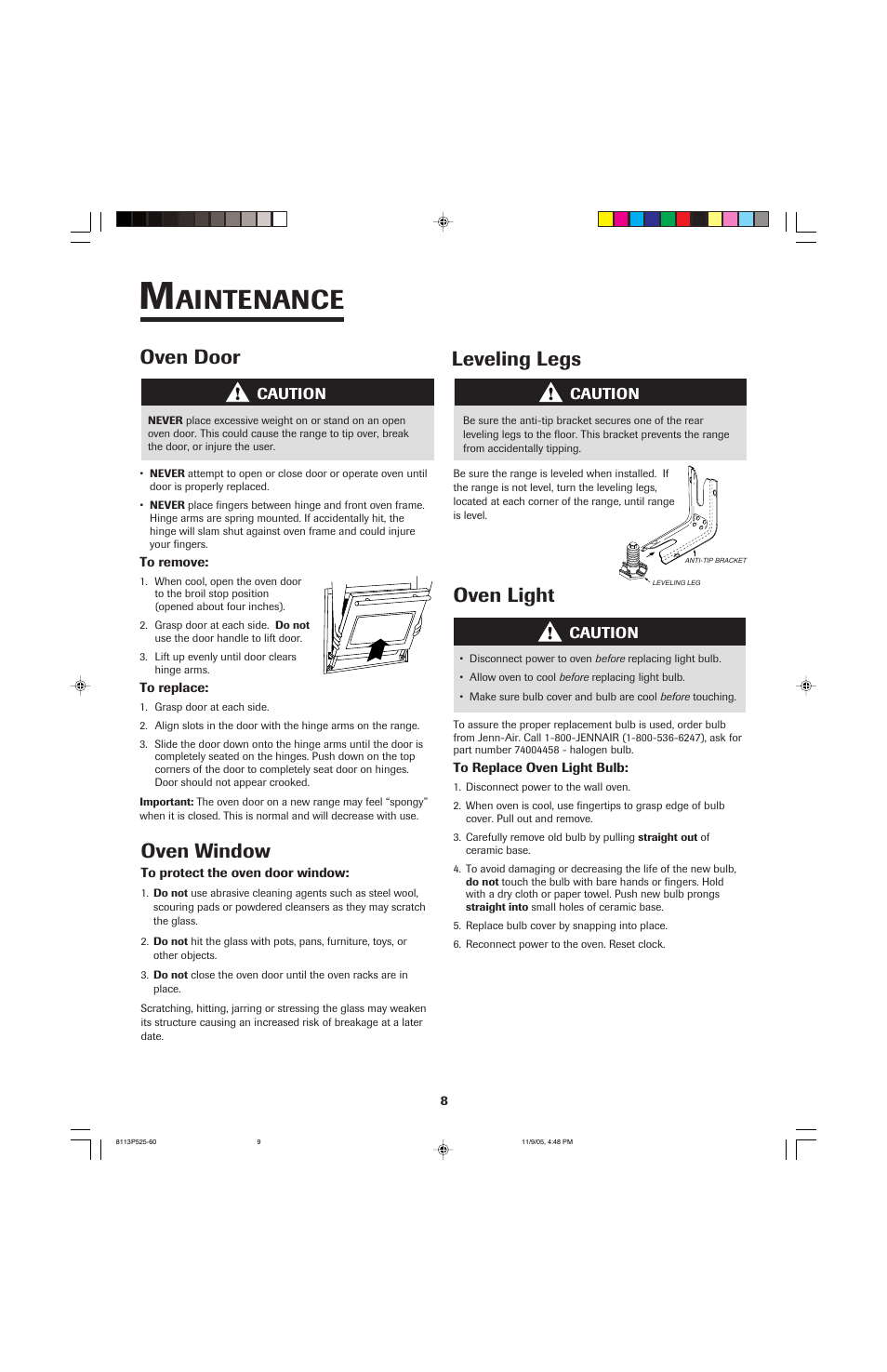 Aintenance, Leveling legs, Oven light | Oven door, Oven window | Jenn-Air 8113P525-60 User Manual | Page 9 / 96
