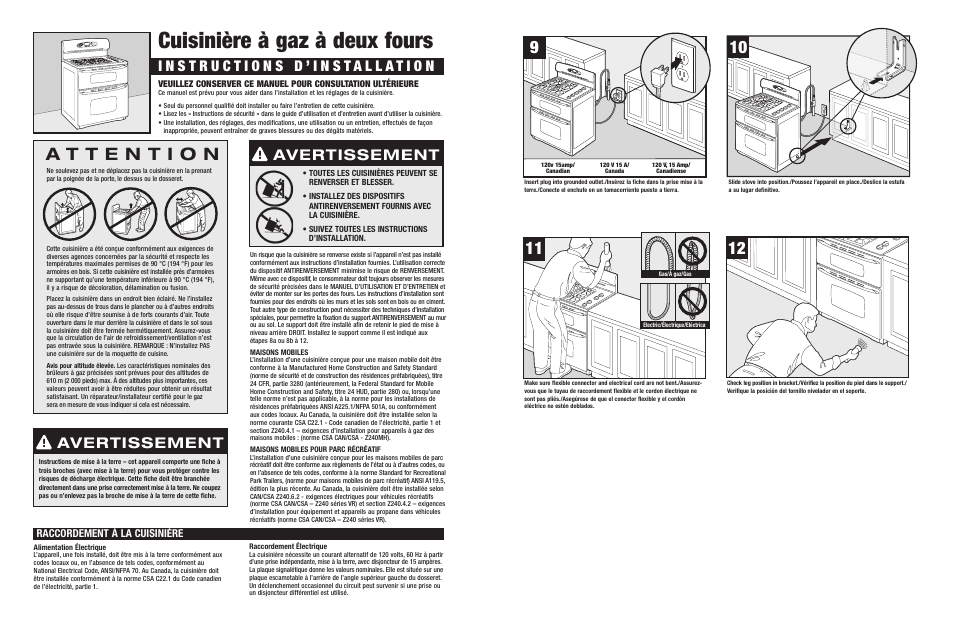 Cuisinière à gaz à deux fours, Avertissement, Raccordement à la cuisinière | Jenn-Air JGR8890 User Manual | Page 4 / 14