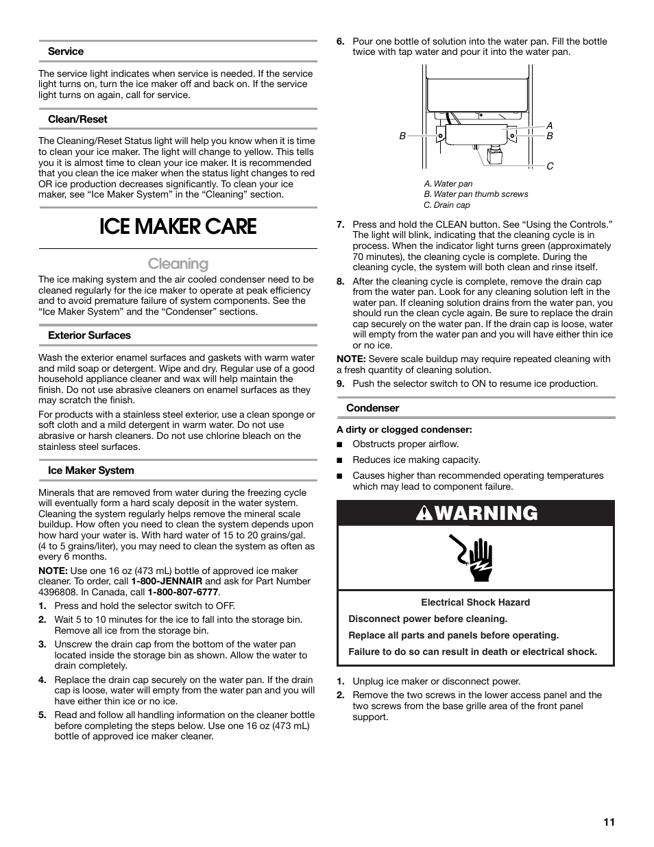 Ice maker care, Warning, Cleaning | Jenn-Air W10136129C User Manual | Page 11 / 48