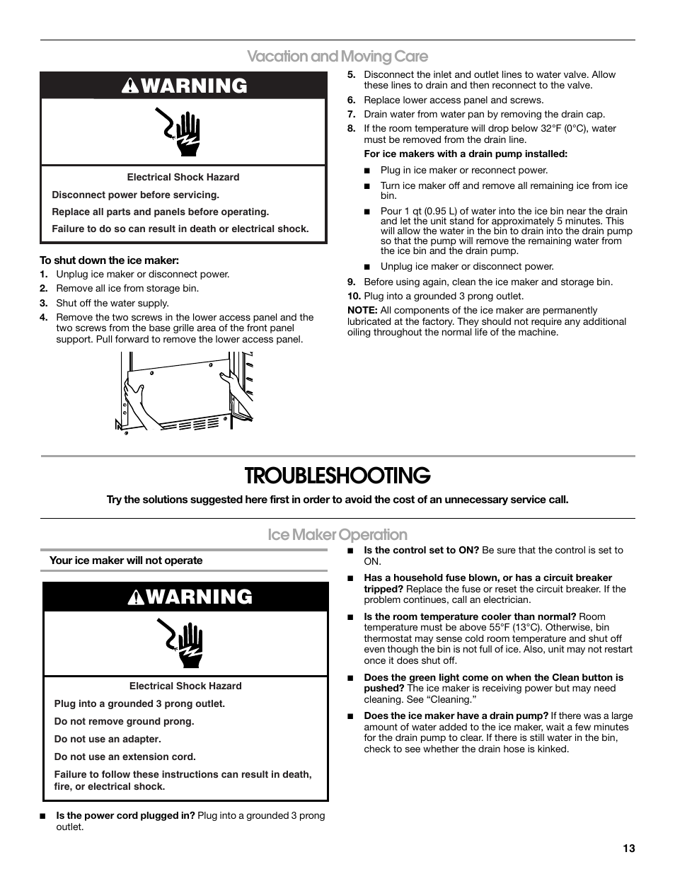 Troubleshooting, Warning, Vacation and moving care | Ice maker operation | Jenn-Air W10136129C User Manual | Page 13 / 48