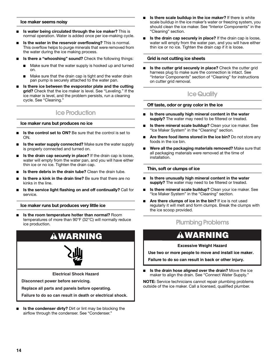 Warning, Ice production, Ice quality | Plumbing problems | Jenn-Air W10136129C User Manual | Page 14 / 48