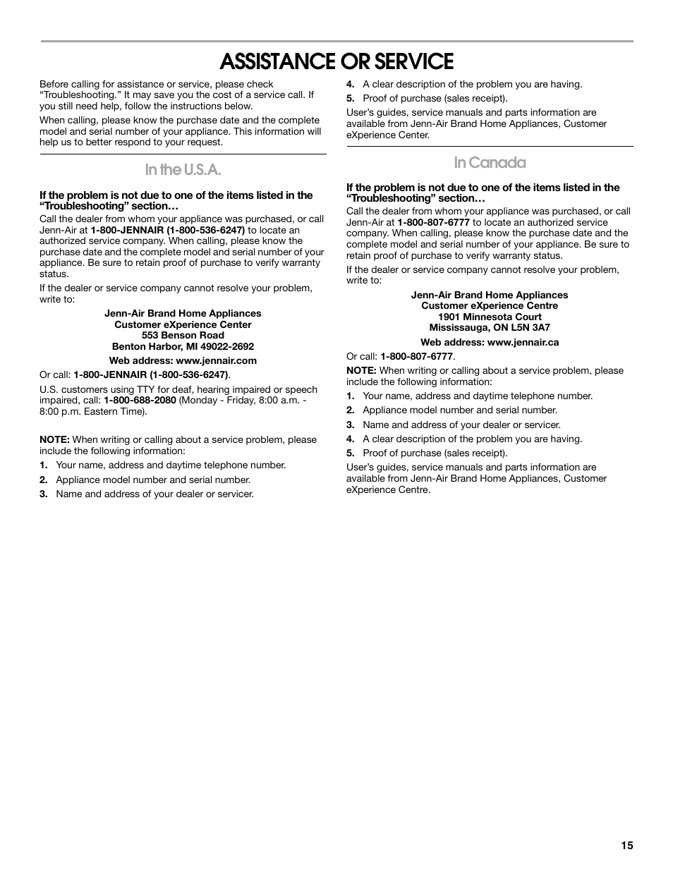 Assistance or service | Jenn-Air W10136129C User Manual | Page 15 / 48