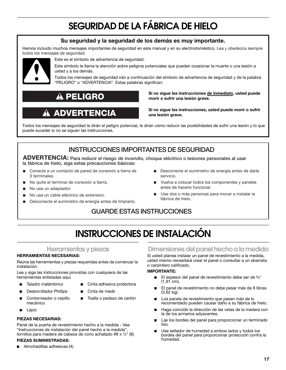 Advertencia peligro, Instrucciones importantes de seguridad, Guarde estas instrucciones | Herramientas y piezas, Dimensiones del panel hecho a la medida, Advertencia | Jenn-Air W10136129C User Manual | Page 17 / 48