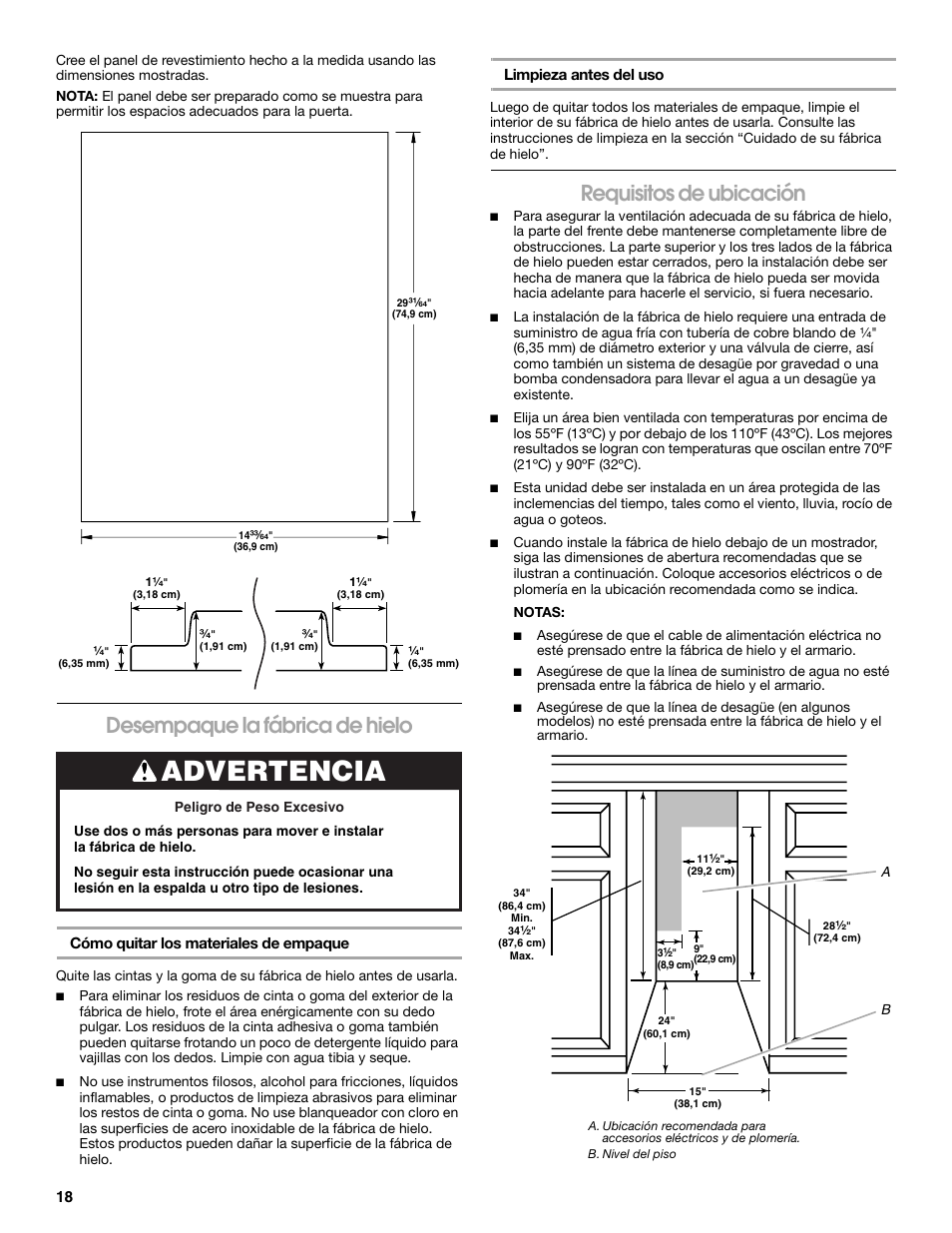 Advertencia, Desempaque la fábrica de hielo, Requisitos de ubicación | Jenn-Air W10136129C User Manual | Page 18 / 48