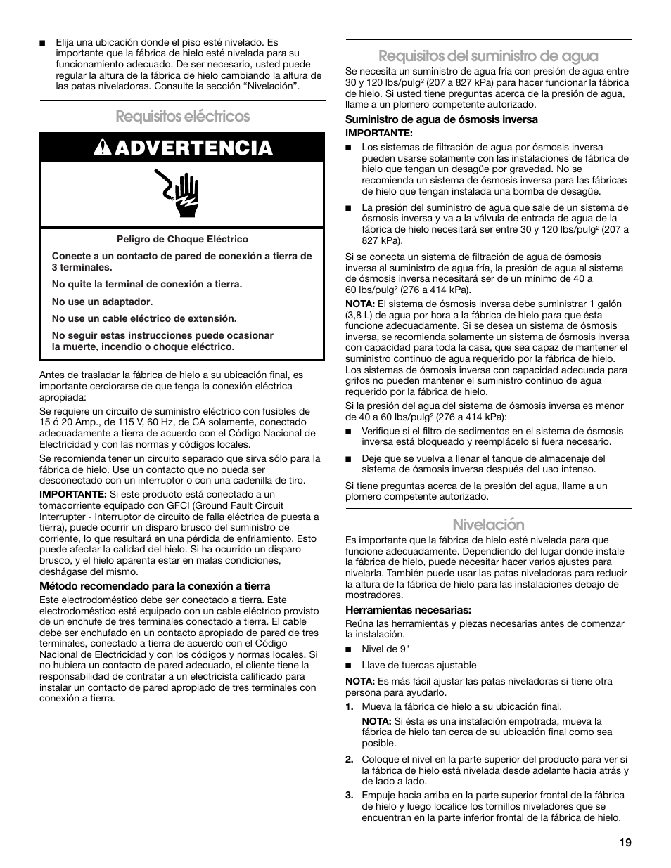 Advertencia, Requisitos eléctricos, Requisitos del suministro de agua | Nivelación | Jenn-Air W10136129C User Manual | Page 19 / 48