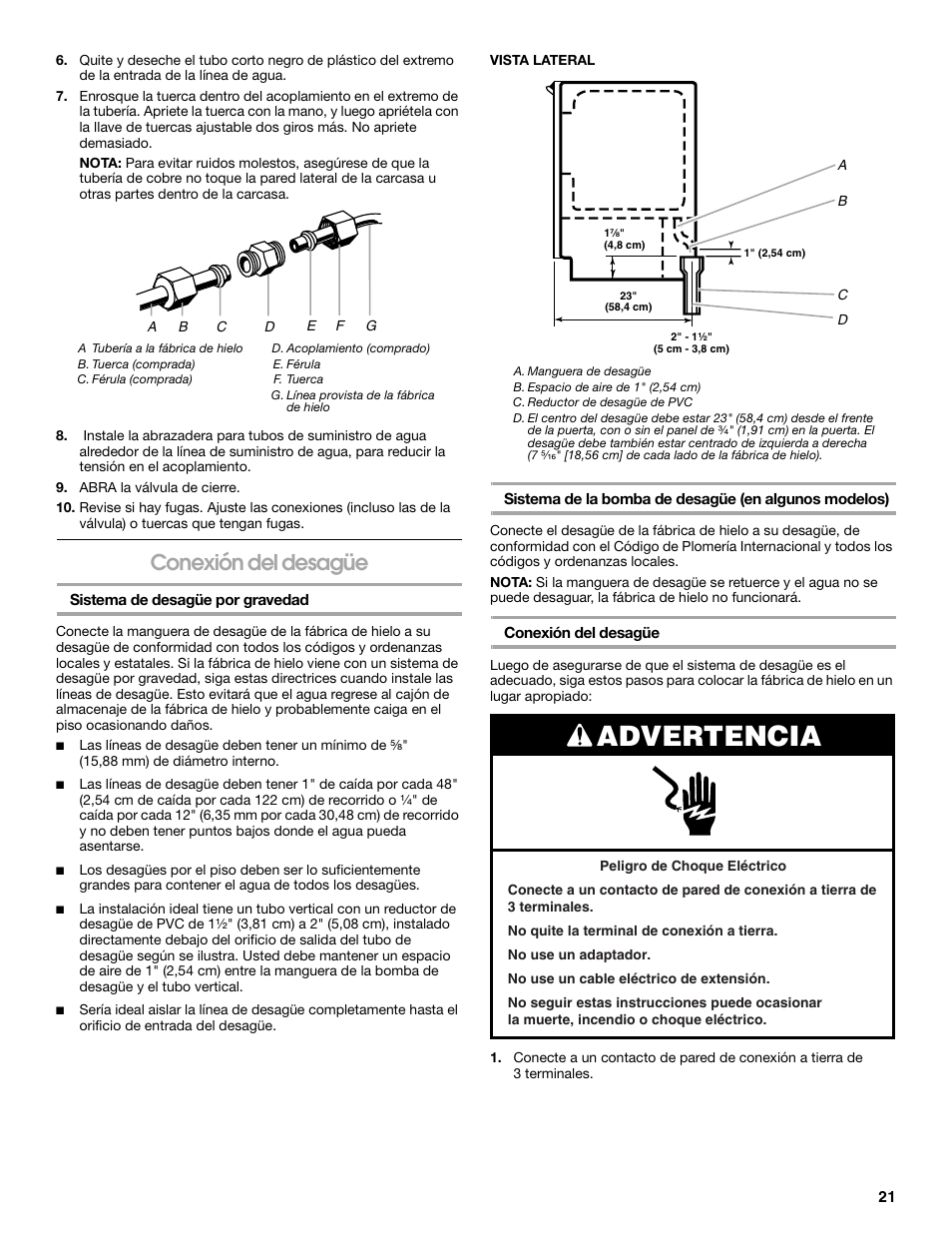 Advertencia, Conexión del desagüe | Jenn-Air W10136129C User Manual | Page 21 / 48