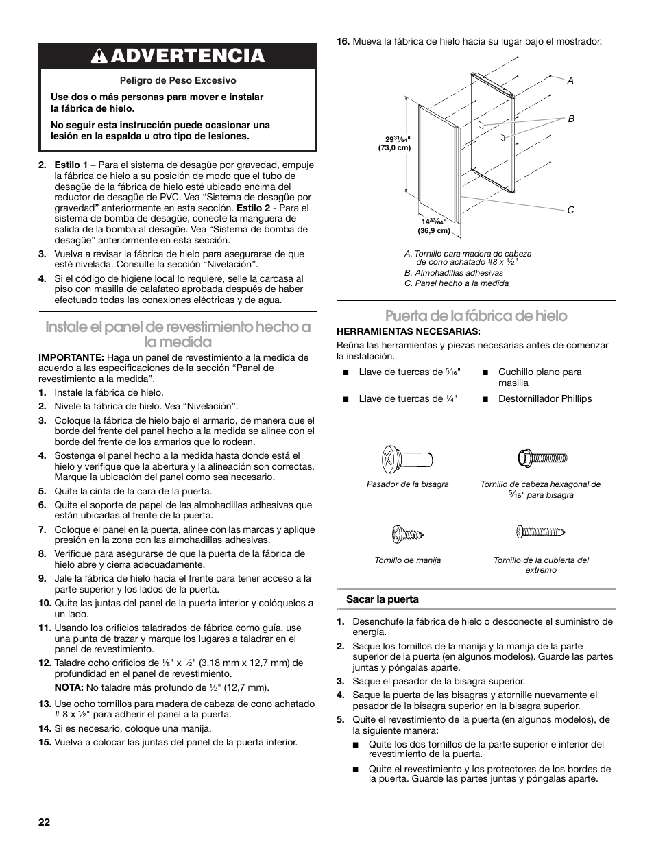 Advertencia, Puerta de la fábrica de hielo | Jenn-Air W10136129C User Manual | Page 22 / 48