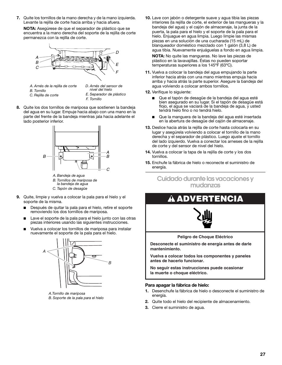 Advertencia, Cuidado durante las vacaciones y mudanzas | Jenn-Air W10136129C User Manual | Page 27 / 48