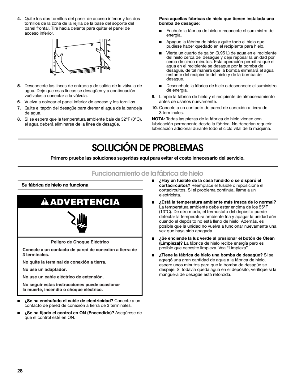 Solución de problemas, Advertencia, Funcionamiento de la fábrica de hielo | Jenn-Air W10136129C User Manual | Page 28 / 48