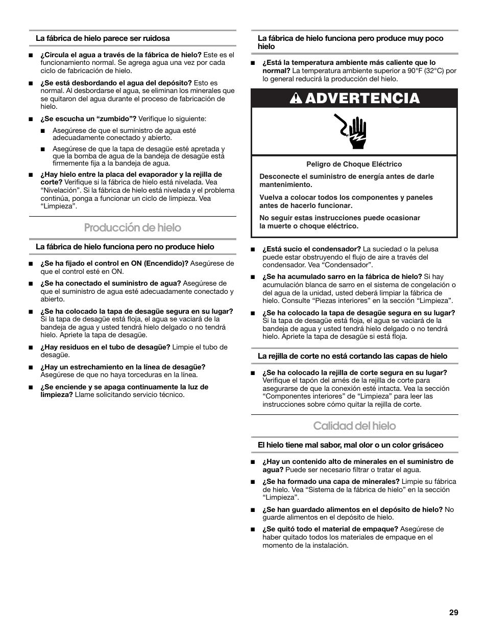 Advertencia, Producción de hielo, Calidad del hielo | Jenn-Air W10136129C User Manual | Page 29 / 48