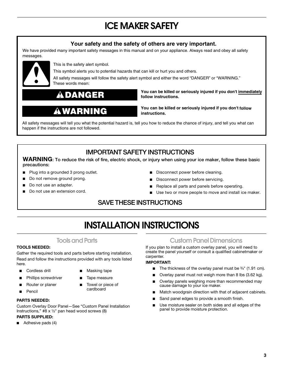 Ice maker safety installation instructions, Danger warning, Important safety instructions | Save these instructions, Tools and parts, Custom panel dimensions, Warning | Jenn-Air W10136129C User Manual | Page 3 / 48