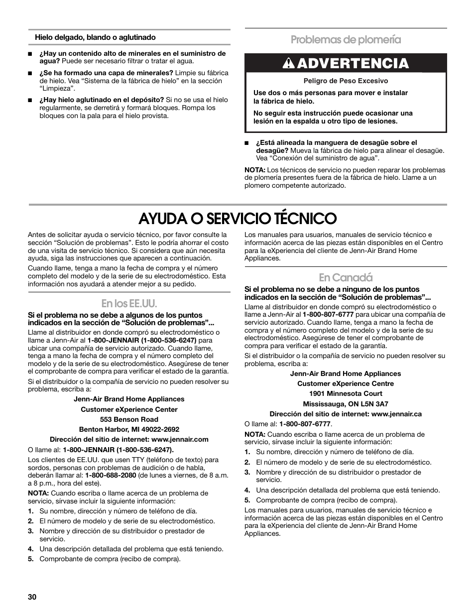 Ayuda o servicio técnico, Advertencia, Problemas de plomería | En los ee.uu, En canadá | Jenn-Air W10136129C User Manual | Page 30 / 48