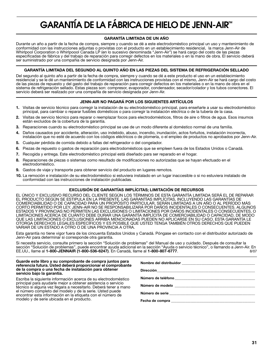 Garantía de la fábrica de hielo de jenn-air | Jenn-Air W10136129C User Manual | Page 31 / 48