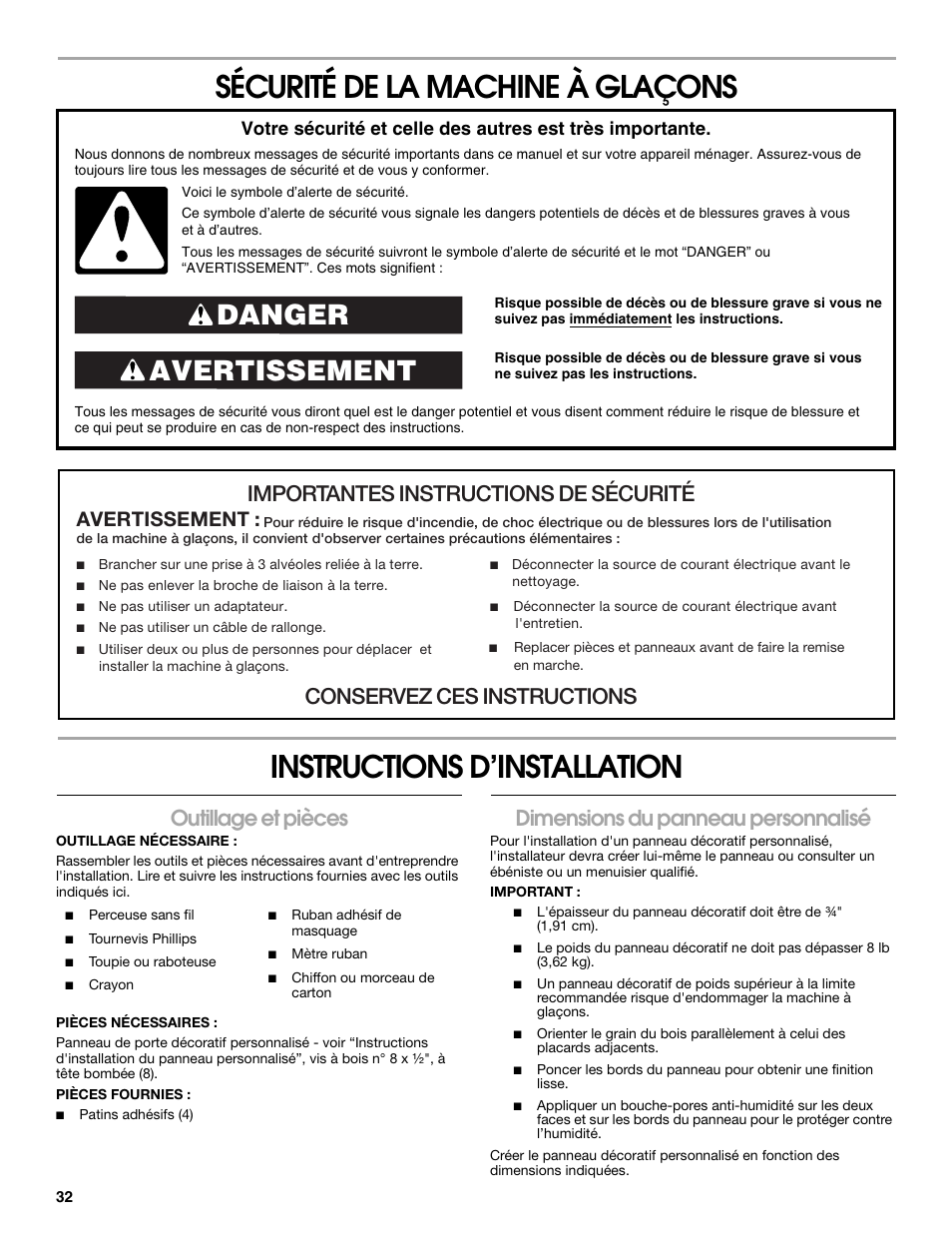 Avertissement danger, Importantes instructions de sécurité, Conservez ces instructions | Outillage et pièces, Dimensions du panneau personnalisé, Avertissement | Jenn-Air W10136129C User Manual | Page 32 / 48