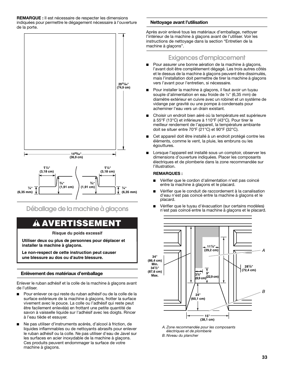 Avertissement, Déballage de la machine à glaçons, Exigences d'emplacement | Jenn-Air W10136129C User Manual | Page 33 / 48