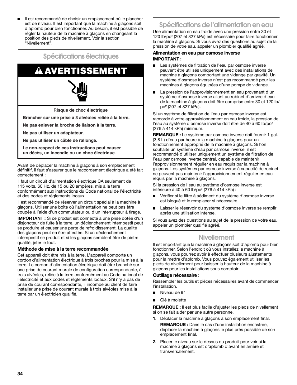 Avertissement, Spécifications électriques, Spécifications de l’alimentation en eau | Nivellement | Jenn-Air W10136129C User Manual | Page 34 / 48