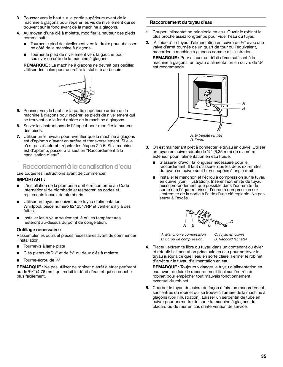 Raccordement à la canalisation d’eau | Jenn-Air W10136129C User Manual | Page 35 / 48