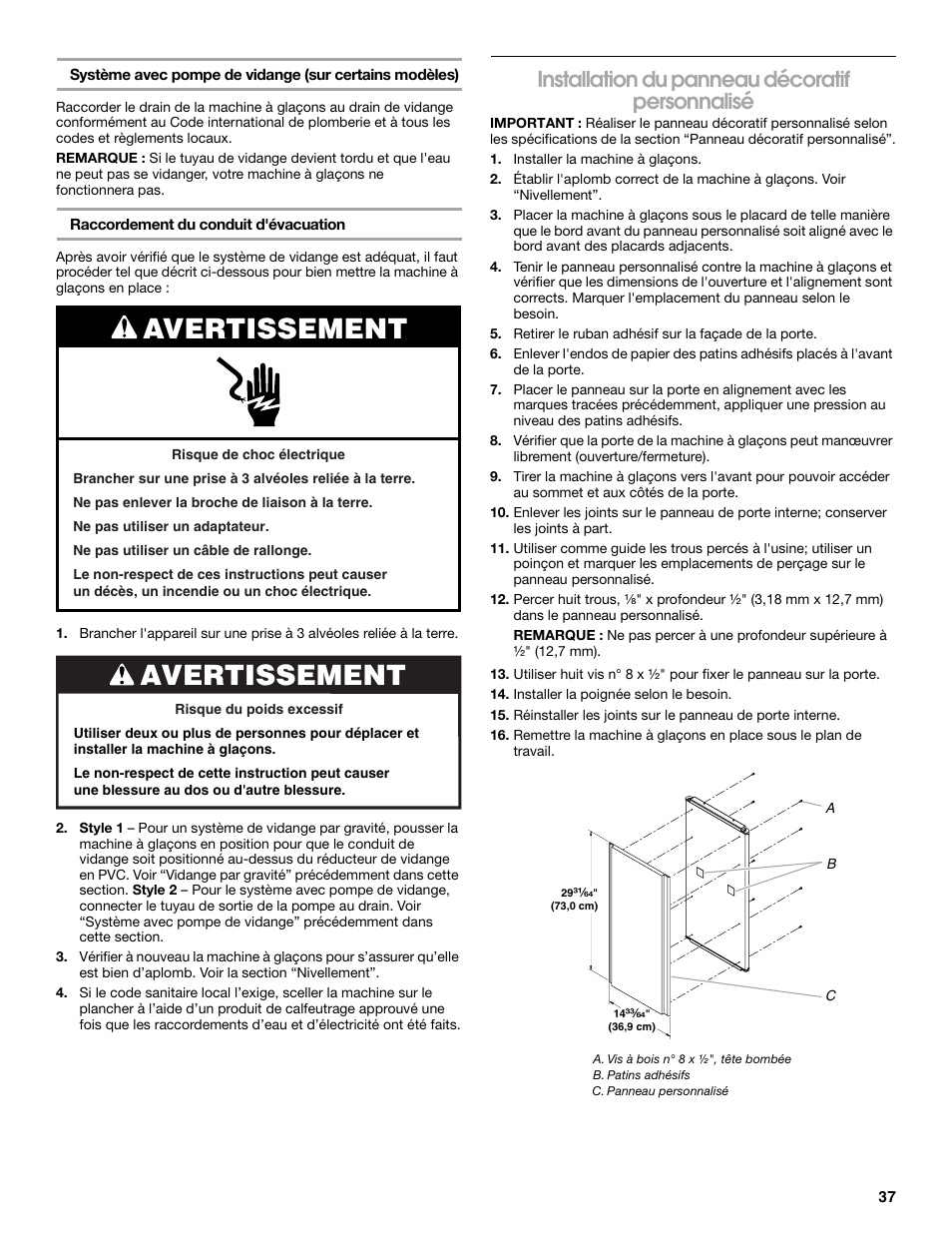 Avertissement, Installation du panneau décoratif personnalisé | Jenn-Air W10136129C User Manual | Page 37 / 48