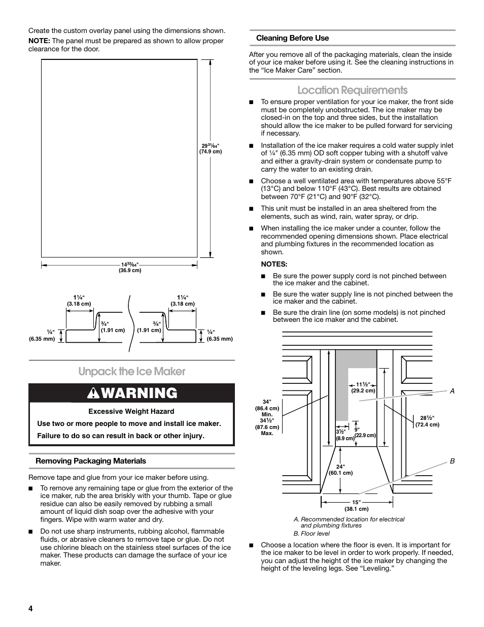 Warning, Unpack the ice maker, Location requirements | Jenn-Air W10136129C User Manual | Page 4 / 48