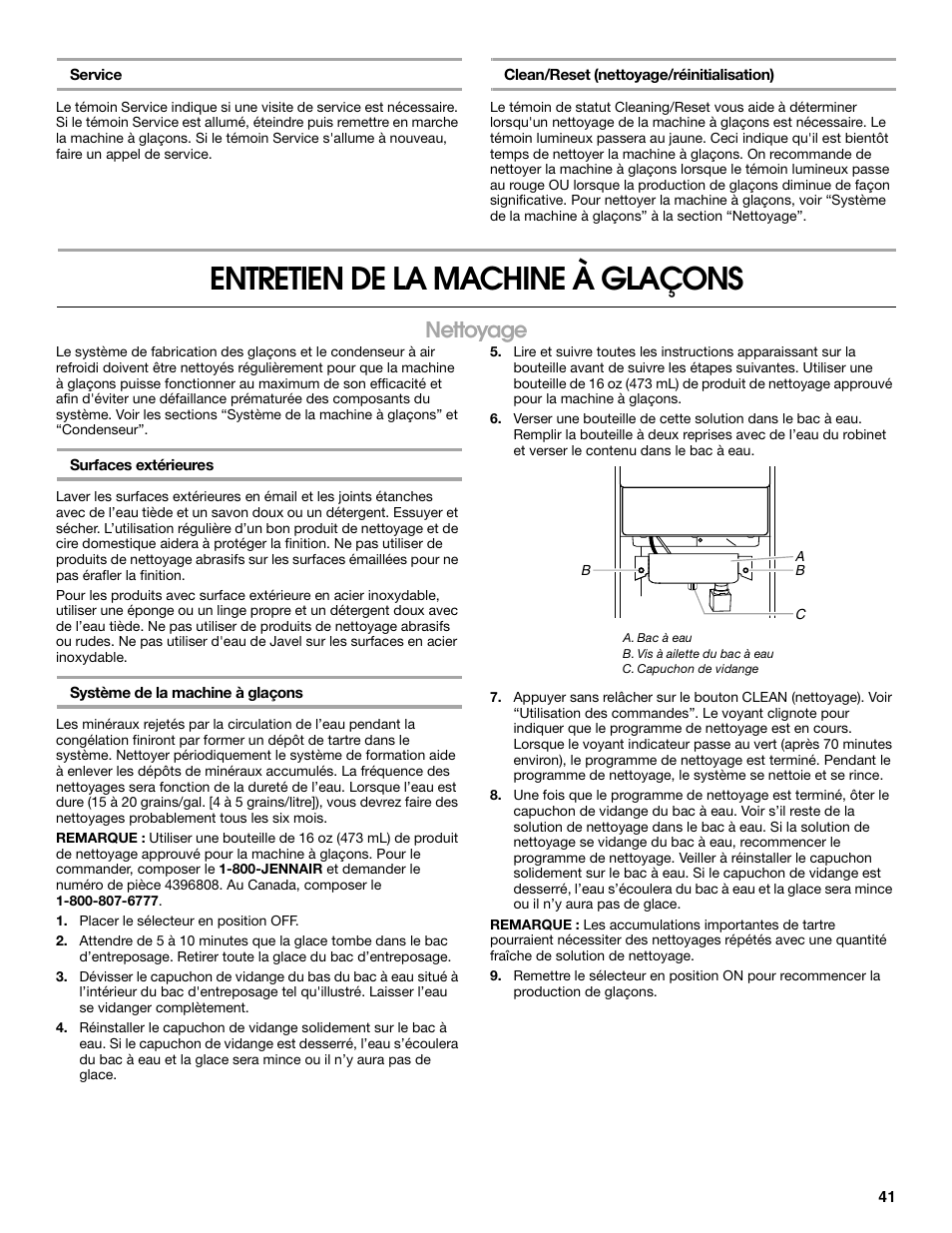 Entretien de la machine à glaçons, Nettoyage | Jenn-Air W10136129C User Manual | Page 41 / 48