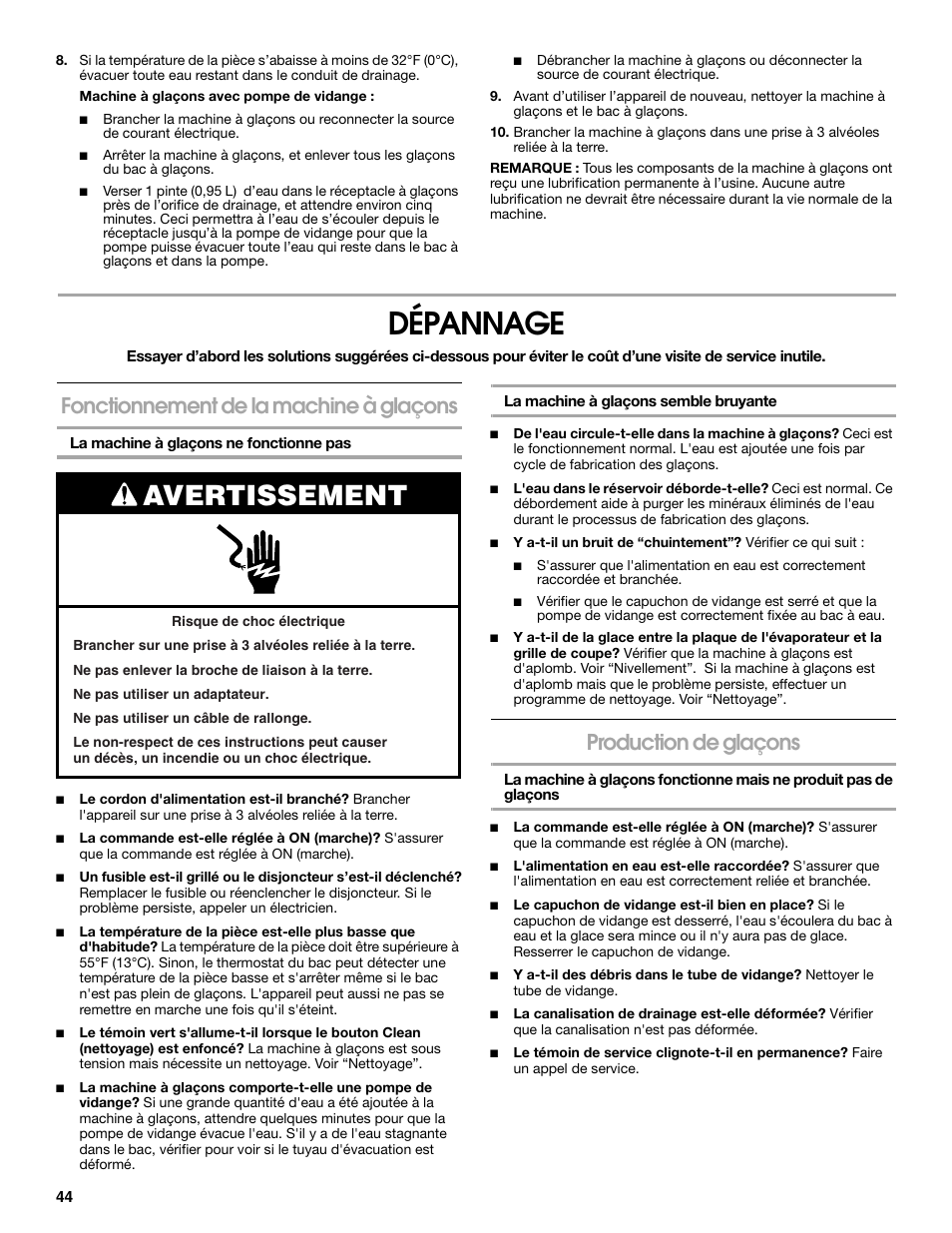 Dépannage, Avertissement, Fonctionnement de la machine à glaçons | Production de glaçons | Jenn-Air W10136129C User Manual | Page 44 / 48