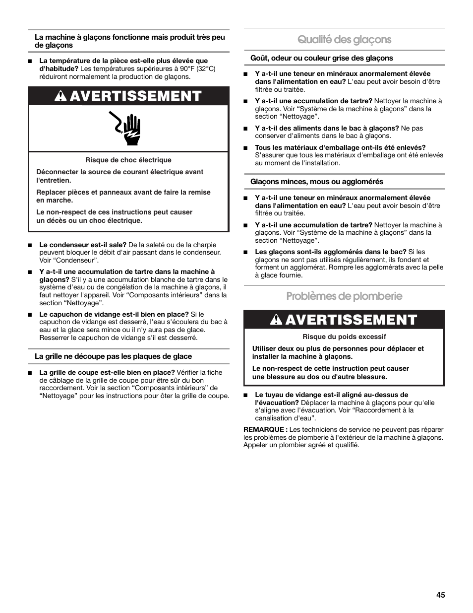 Avertissement, Qualité des glaçons, Problèmes de plomberie | Jenn-Air W10136129C User Manual | Page 45 / 48