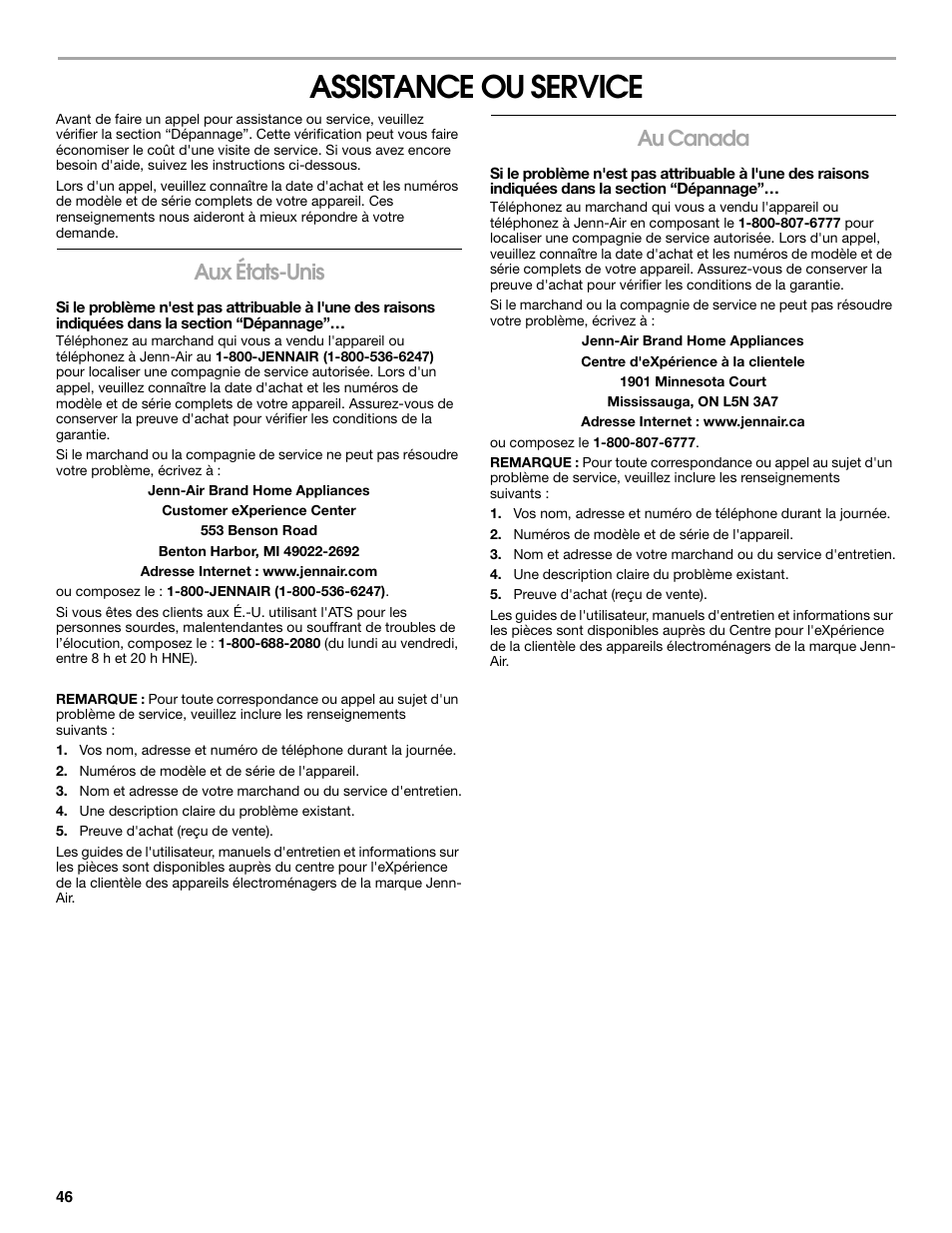 Assistance ou service, Aux états-unis, Au canada | Jenn-Air W10136129C User Manual | Page 46 / 48