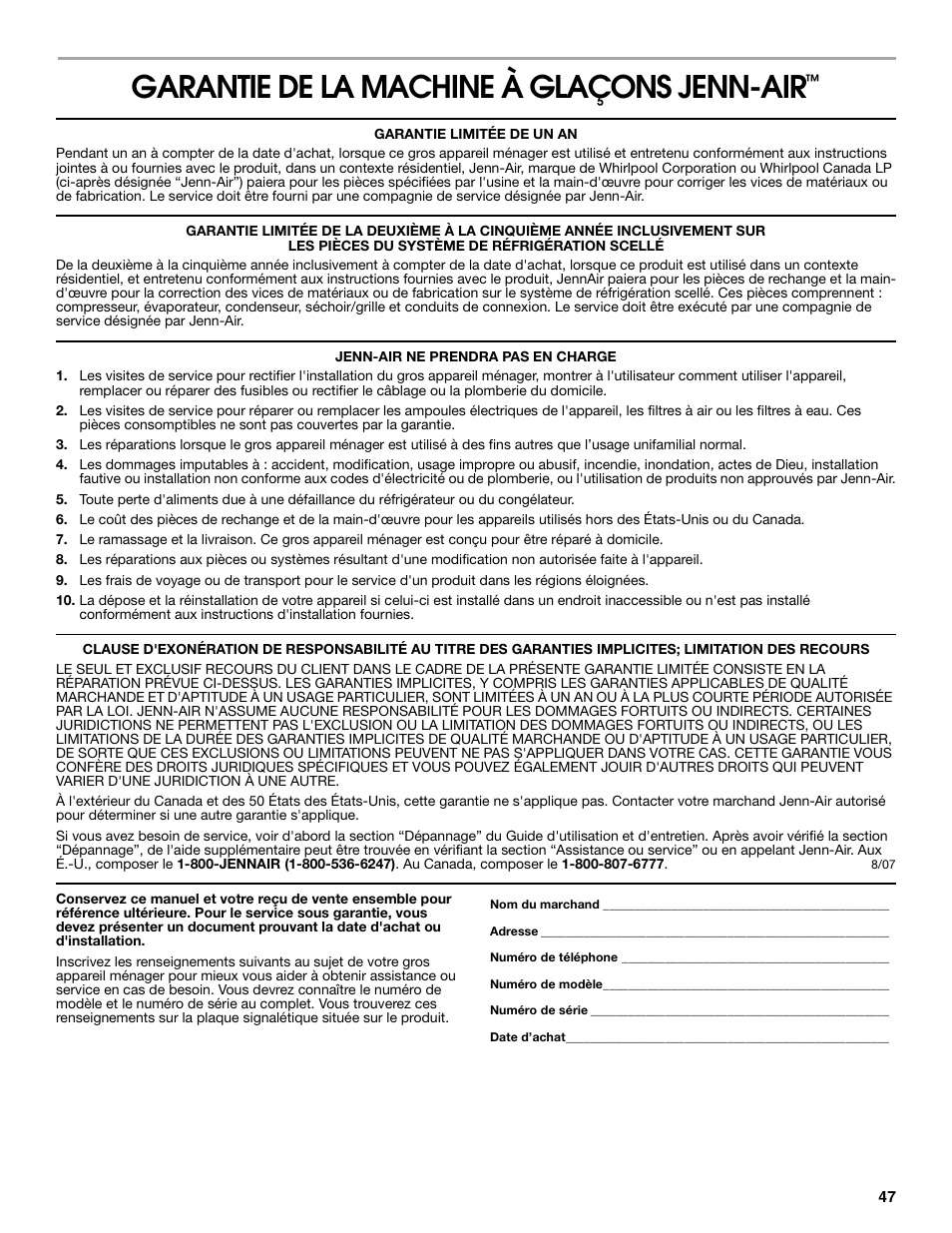 Garantie de la machine à glaçons jenn-air | Jenn-Air W10136129C User Manual | Page 47 / 48