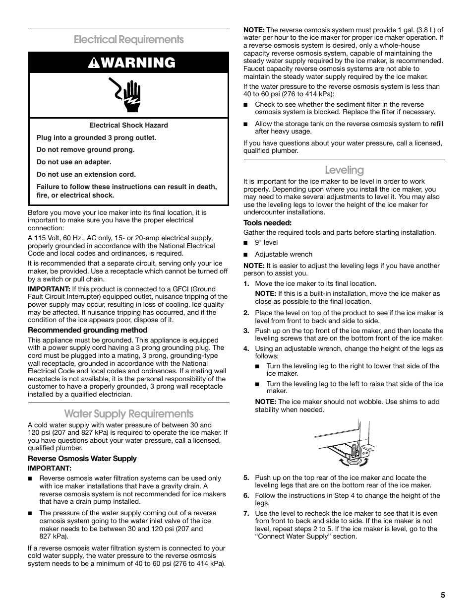 Warning, Electrical requirements, Water supply requirements | Leveling | Jenn-Air W10136129C User Manual | Page 5 / 48