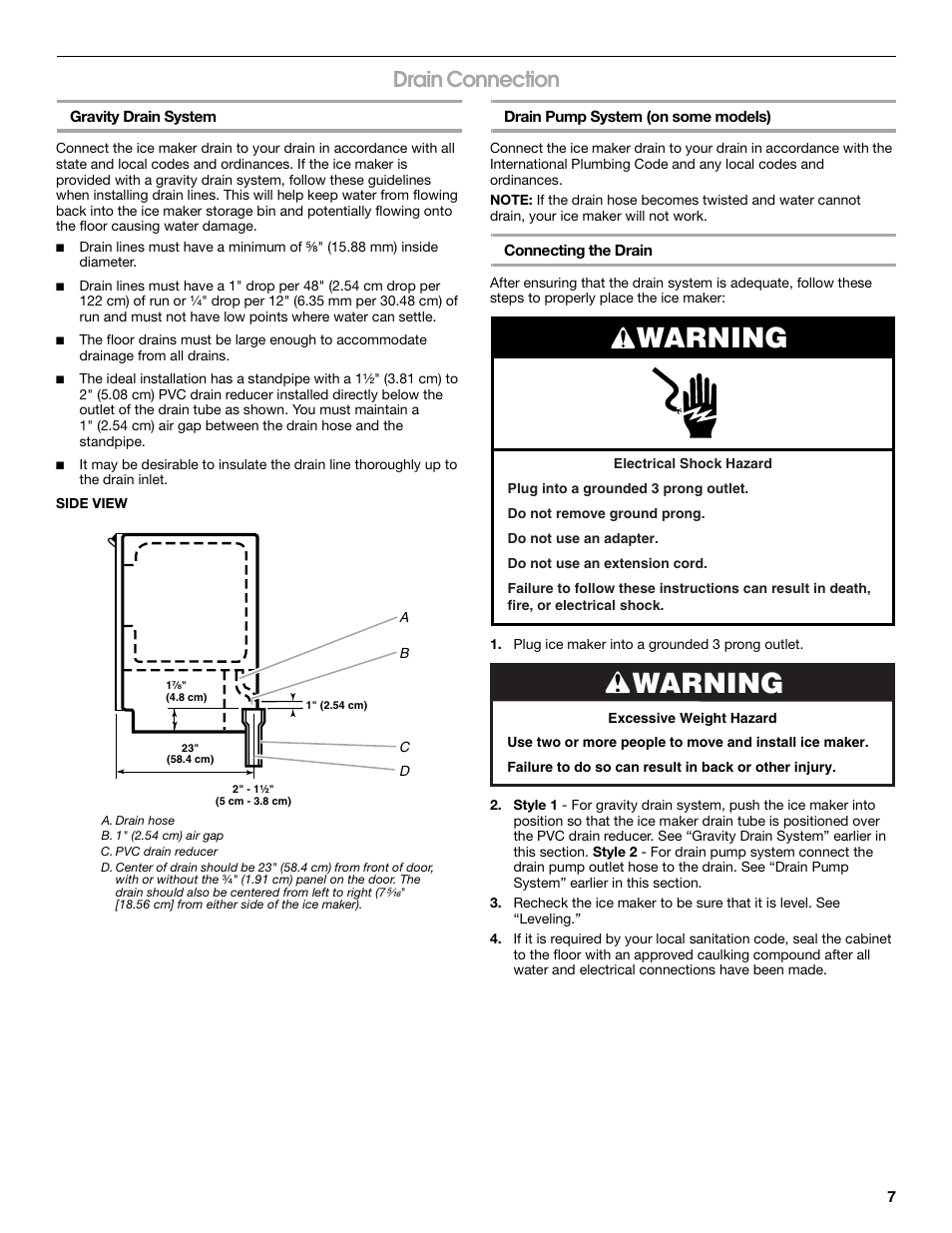 Warning, Drain connection | Jenn-Air W10136129C User Manual | Page 7 / 48