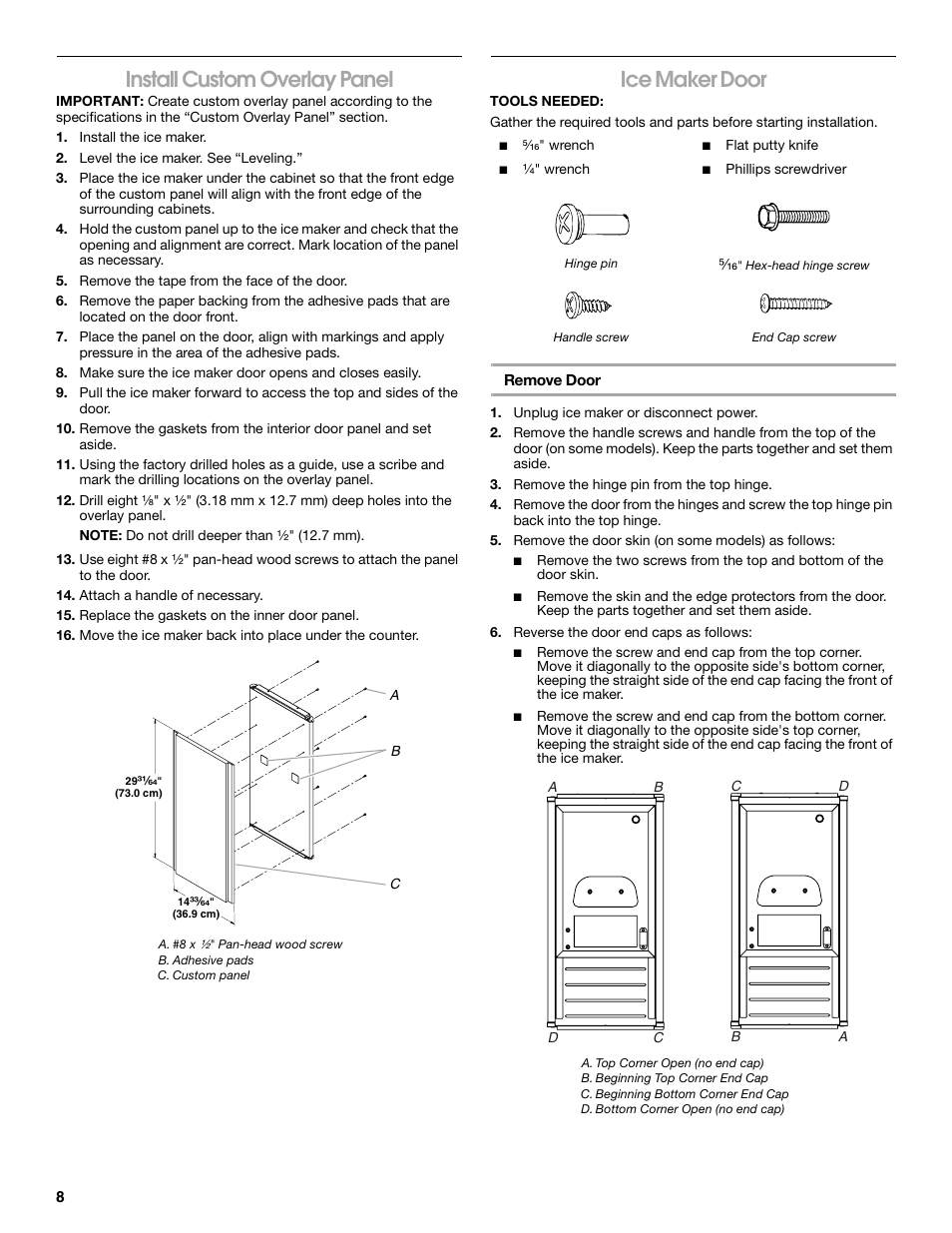 Install custom overlay panel, Ice maker door | Jenn-Air W10136129C User Manual | Page 8 / 48